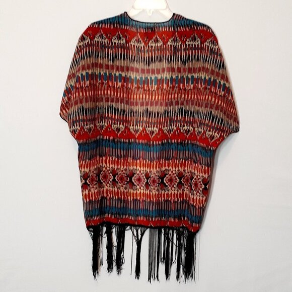 RUE 21 Long Red Sheer Chiffon Open Tunic; Short Dolman Sleeves; Fringe; Size S - Picture 3 of 5